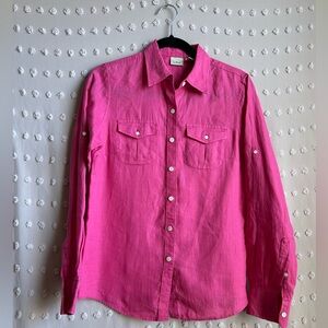 L.L. Bean Women’s Vintage 100% Linen Roll Sleeve Button Up Sz XS‎ Pink